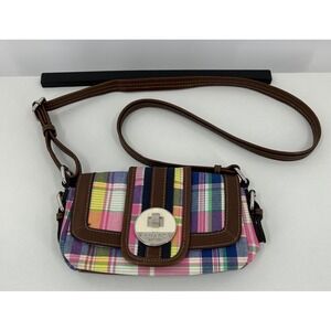 Chaps Womens Plaid Crossbody Bag Multi Color Preppy Turn Lock Brown Trim Small